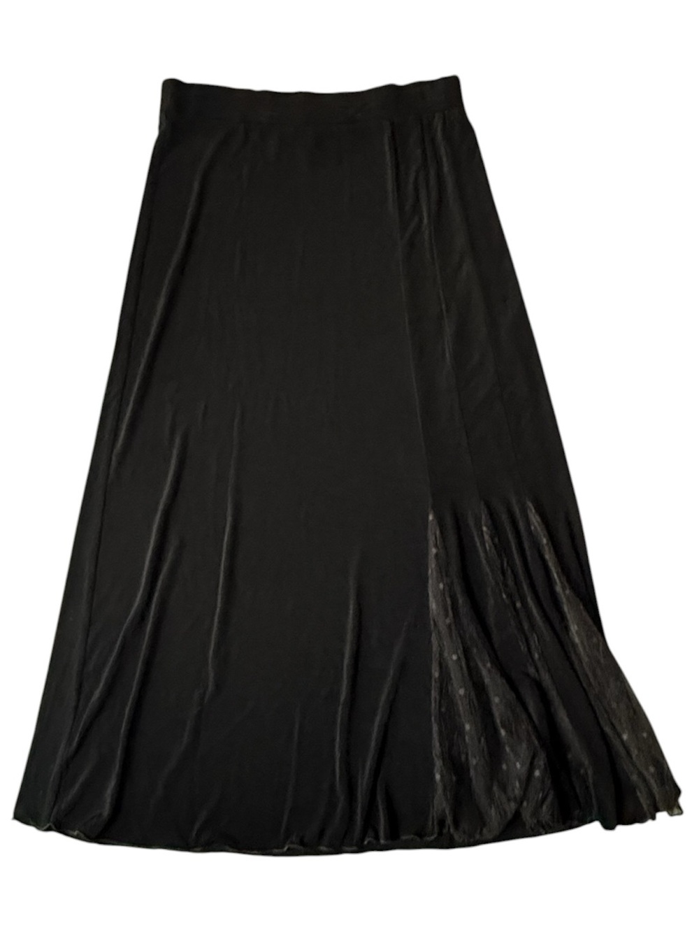 Chico’s Travelers Black Maxi Skirt Sheer Polka Dot Mesh Godet Stretch Whimsy